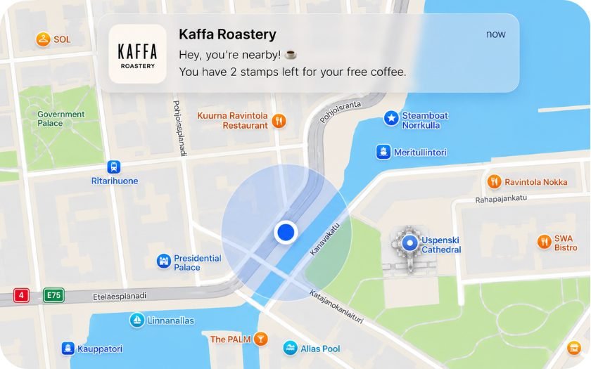 Sijaintiin perustuva ilmoitus kartan päällä