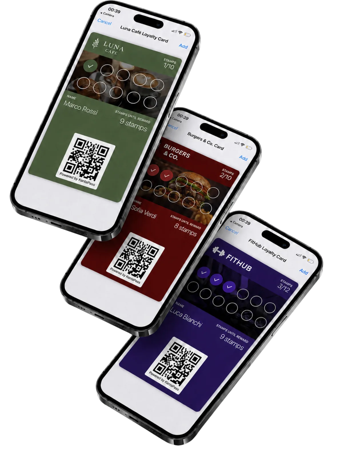 A loyalty card being added to the wallet on three phones